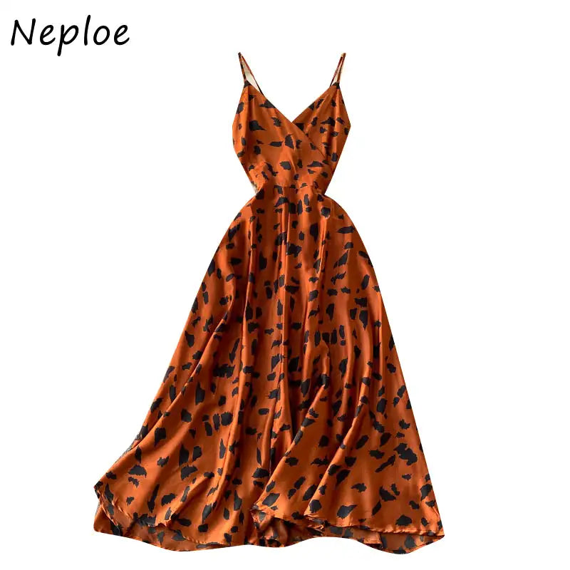 Neploe Vintage Print Holiday Long Dress Women High Waist Hip A Line Vestidos Summer 2025 New V Neck Sleeveless Camis Robe Slim