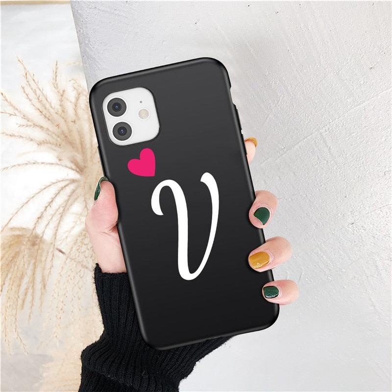 Women Elegant Black Initial Letter A-Z Love Heart Couples Phone Case For iPhone 13 12 Pro Max Mini Luxury Soft Silicone Cover Name Letter Case Stevvex