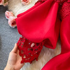 Sexy Hollow Out Lace Bodycon Long Dress Women Elegant Red/Pink/White Off Shoulder Patchwork Maxi Party Vestidos 2021 Autumn New