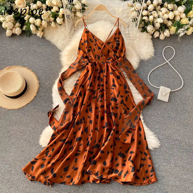 Neploe Vintage Print Holiday Long Dress Women High Waist Hip A Line Vestidos Summer 2025 New V Neck Sleeveless Camis Robe Slim
