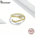 BAMOER 925 Sterling Silver Platinum Plated Adjustable Ring, Green Zircon Retro Textures Snake Ring Fashion Jewelry 4 Colors