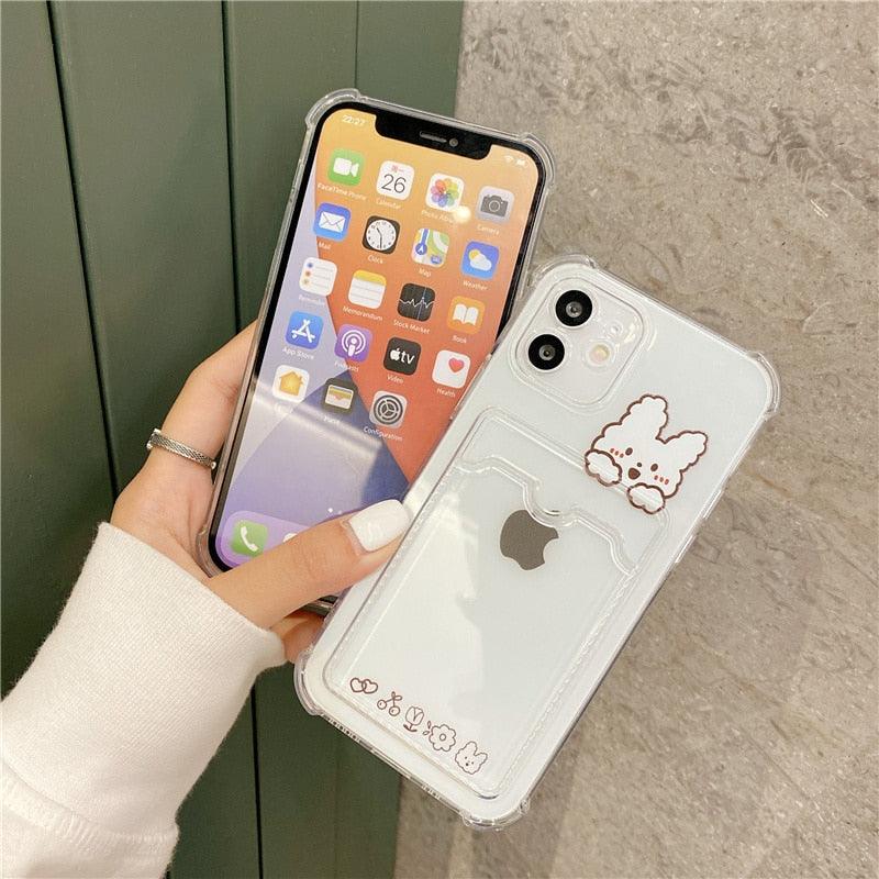 Cute Bear Cartoon Rabbit Shockproof Phone Case For iPhone 11 12 13 14 Pro Funny Soft Wallet Cover Cute Bear Design Soft Slim Card Slot Case Aesthetic Card Holder Case Stevvex