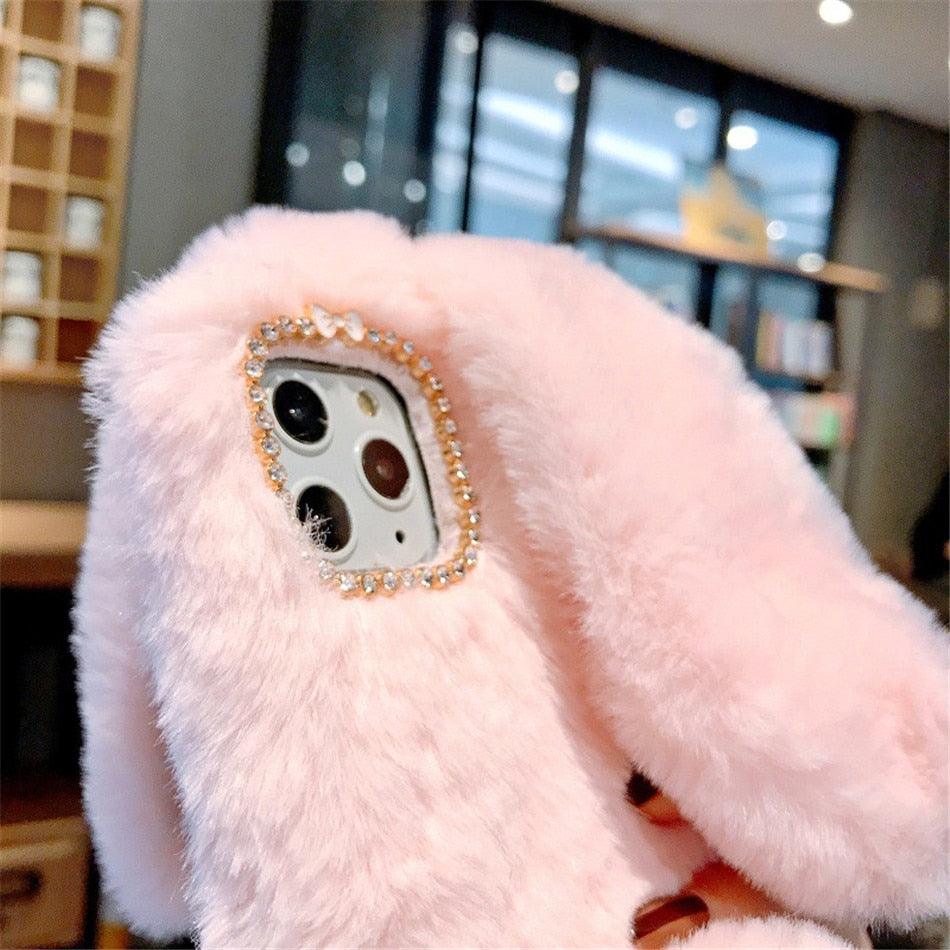Cute Stuffed Plush Fluffy Case For iPhone 13 12 11 Pro XS Max X XR 12Mini Rabbit Ears Furry fluffy Fur Plush Warm Cover for iPhone 6 6S 7 8 Plus Phone Case Stevvex