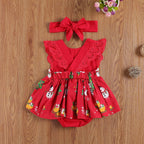 0-24M Baby Girls Romper Dress Lace Short Sleeve Cartoon Print Jumpsuits Headband Unique Design
