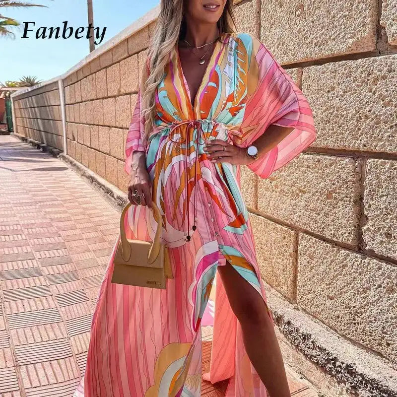 2023 Women Gorgeous Boho Print Maxi Beach Dress Summer Deep V Slit Elastic Waist Party Dress Elegant Holiday Long Dress Vestidos