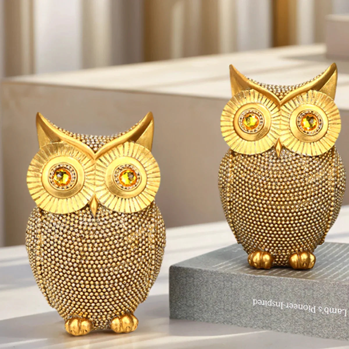 Modern Home Decor Sculpture Unique Sparkling Golden Owl Figurine Resin Statue for Office Living Room Desktop Ornaments Lootquake LLC