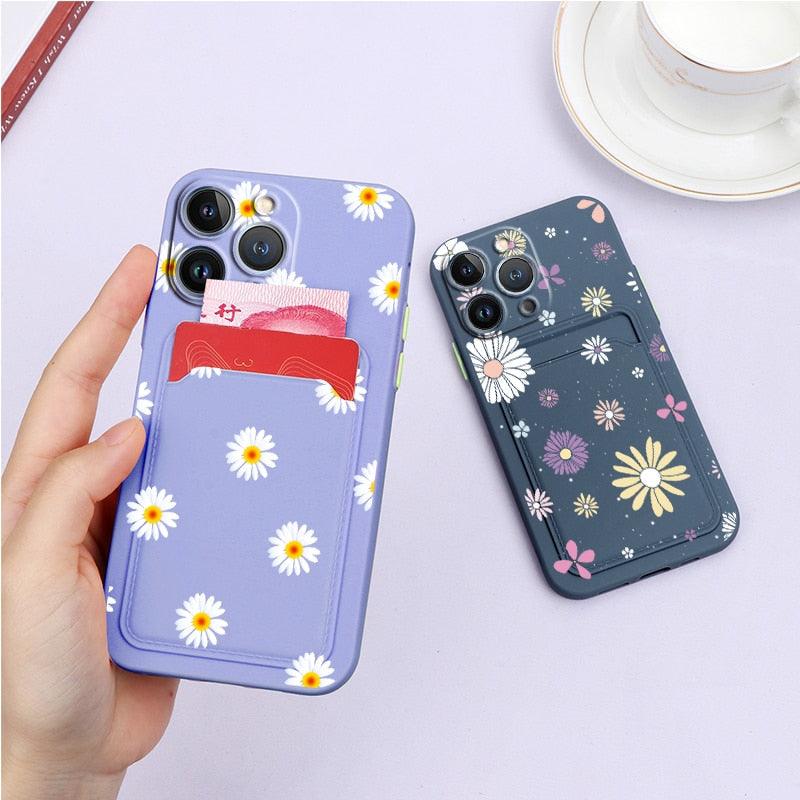 Charming Silicone Soft Anti-Scratch Cases For iPhone 13 Pro Max Case Silicone Wallet Card Holder Cover For iPhone 13 Mini 13ProMax 13Pro Flower Butterfly Beautiful Design Card Holder iPhone Case Stevvex