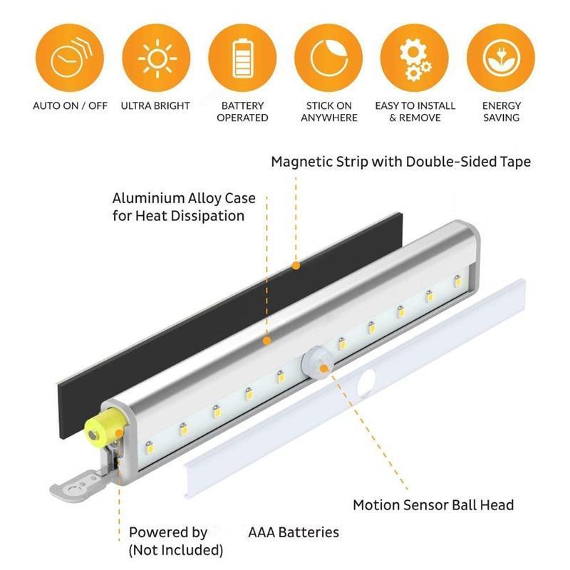STEVVEX 6/10 LEDs PIR  with Motion Sensor Light for Cupboard, Wardrobe, Bed Lamp LED Under Cabinet Night Light For Closet Stairs Kitchen and multifunctional - SJB-DIAMOND ELITES
