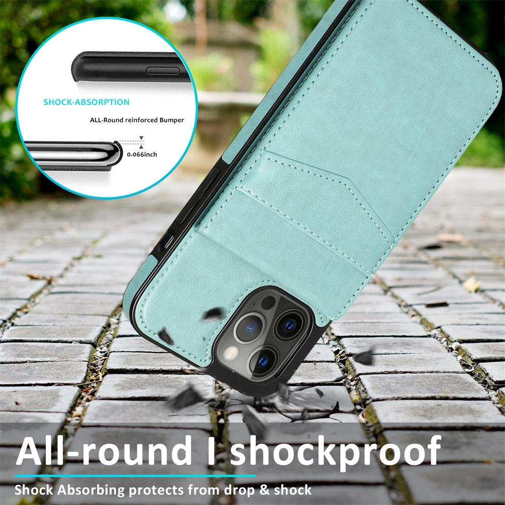 Luxury Cards Case For iPhone 14 13 12 Mini 11 Pro Max Durable Leather Strong Stand Holder Phone Cover Magnetic Flip Case For Women Girls With Card Holder Secure Card Holder Stevvex