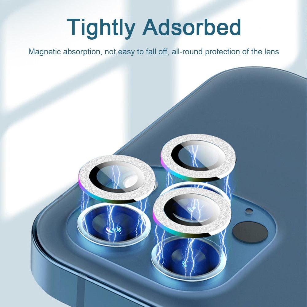 2023 New Diamond Bling Metal Ring Glass Protective Cap For iPhone 14 13 12 11 Pro Max Mini Camera Lens Circle Protector Paste Tempered Glass Camera Cover Camera Lens Protector Stevvex