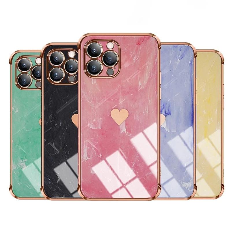 Luxury Shockproof Soft Case For iPhone 13 12 11 Pro Max XS XR X R 8 7 Plus iPhone12 12Pro iPhone11 Marble Texture Covers  Luxury Love Phone Case Cute Side Small Heart Pattern Soft Shockproof Full Lens Case for iPhone Stevvex
