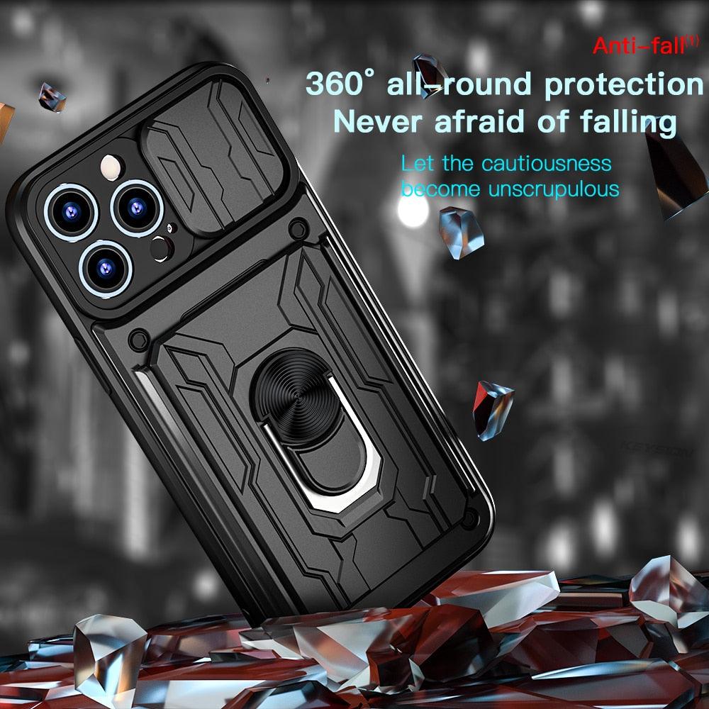 Shockproof Case for iPhone 13 12 11 Pro Max With Card Slot Ring Stand Camera Protection Phone Cover for iPhone XR XS Max Removable Card Holder Ring Holder Shockproof Protection Cover Stevvex