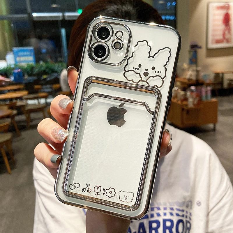 Ultra-light Transparent Photo Card Pocket Wallet Case For iPhone 13 11 12 14 Pro Max XS XR X 8 7 6S Plus Plating Cute Bear Rabbit Soft Phone Cover Cute Case with Card Holder Soft Cover Stevvex
