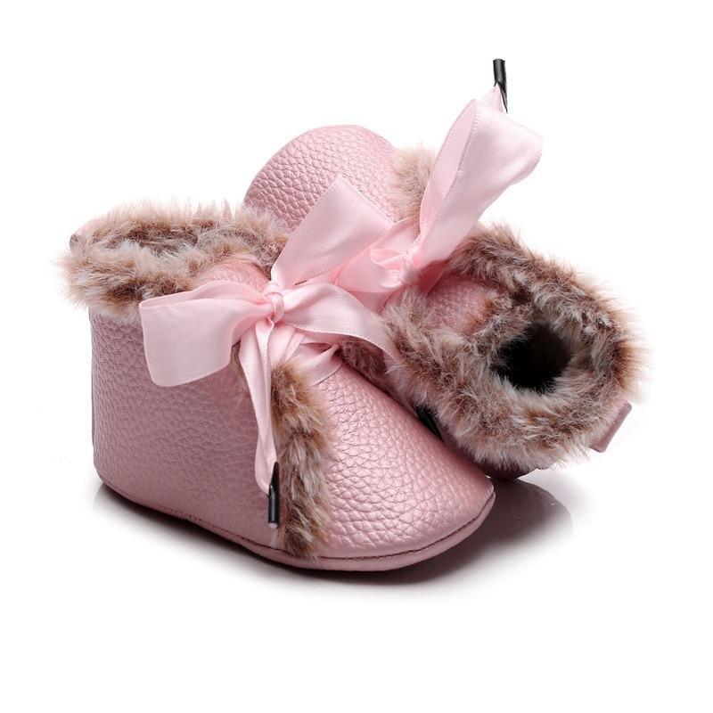 Baby PU Boots Winter Anti-slip Warm First Walkers Soft Soled Booties Toddler Bowknot Lace-up Shoes Stevvex