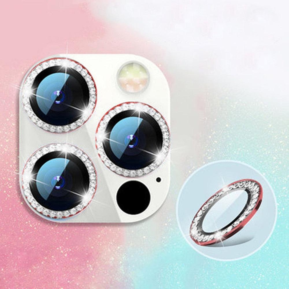 2023 New Diamond Bling Metal Ring Glass Protective Cap For iPhone 14 13 12 11 Pro Max Mini Camera Lens Circle Protector Paste Tempered Glass Camera Cover Camera Lens Protector Stevvex