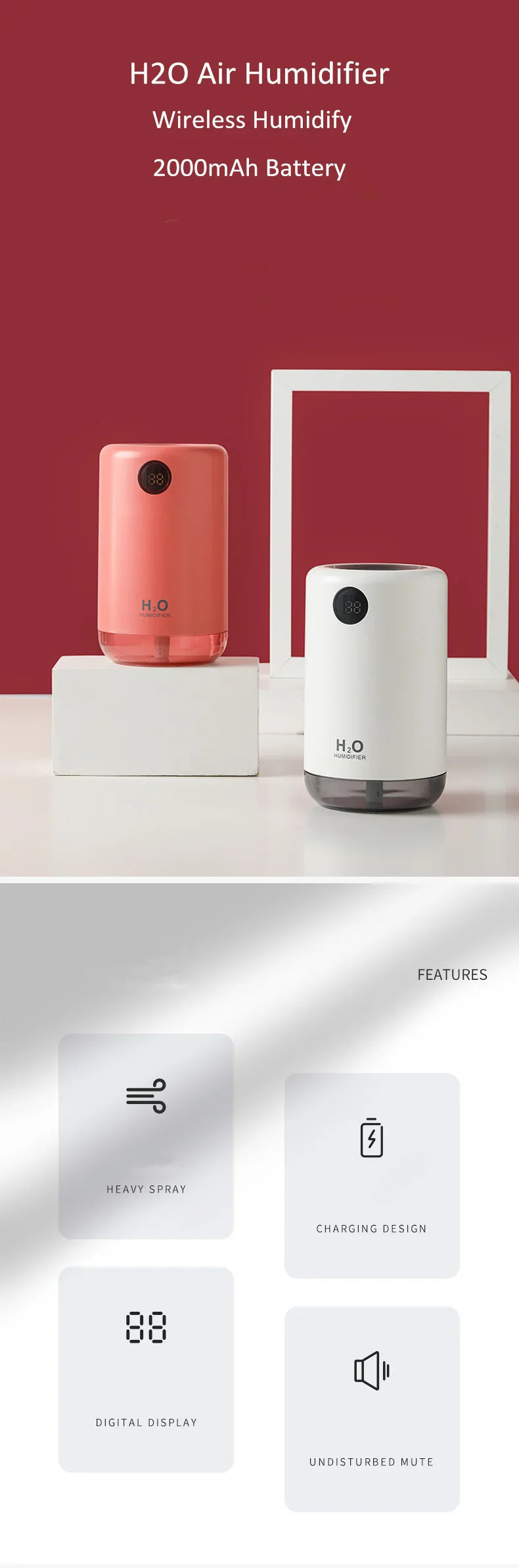 Home Table Wireless Ultrasonic Air Humidifier, Portable Mini Aroma Water Mist Diffuser, Battery Life Show, 500ml, 2000mAh Lootquake LLC