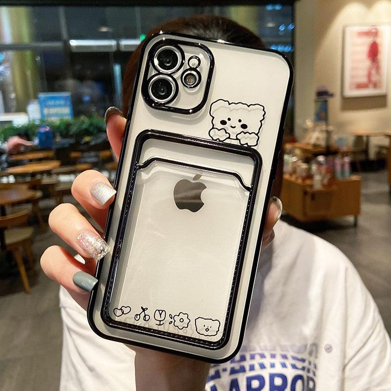 Ultra-light Transparent Photo Card Pocket Wallet Case For iPhone 13 11 12 14 Pro Max XS XR X 8 7 6S Plus Plating Cute Bear Rabbit Soft Phone Cover Cute Case with Card Holder Soft Cover Stevvex