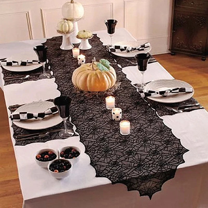 Halloween Decoration Lace Spider Web Skeleton Skull Tablecloth Black Fireplace Mantel Scarf Event Party Decoration Supplies Lootquake LLC