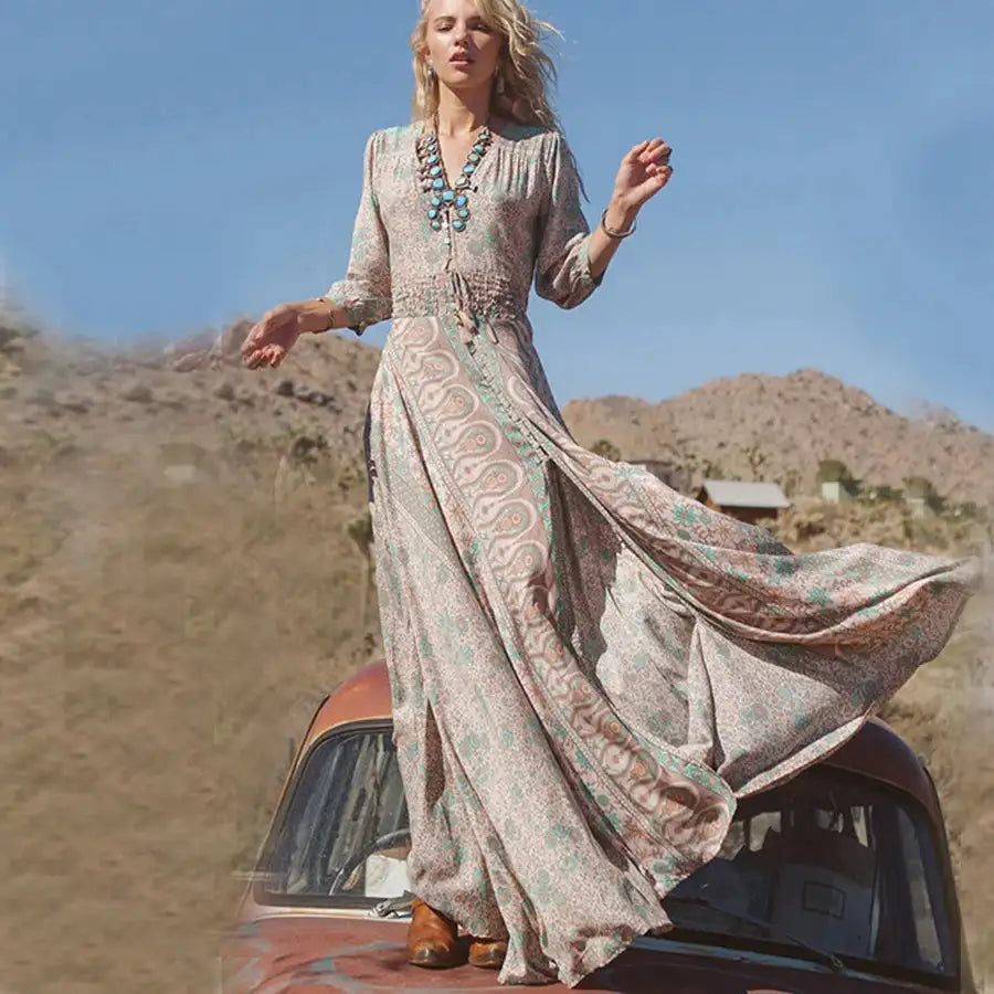 TEELYNN boho long dress Vintage 2023 floral print Chiffon three quarter sleeve v-neck summer Gypsy Hippie women dresses vestidos