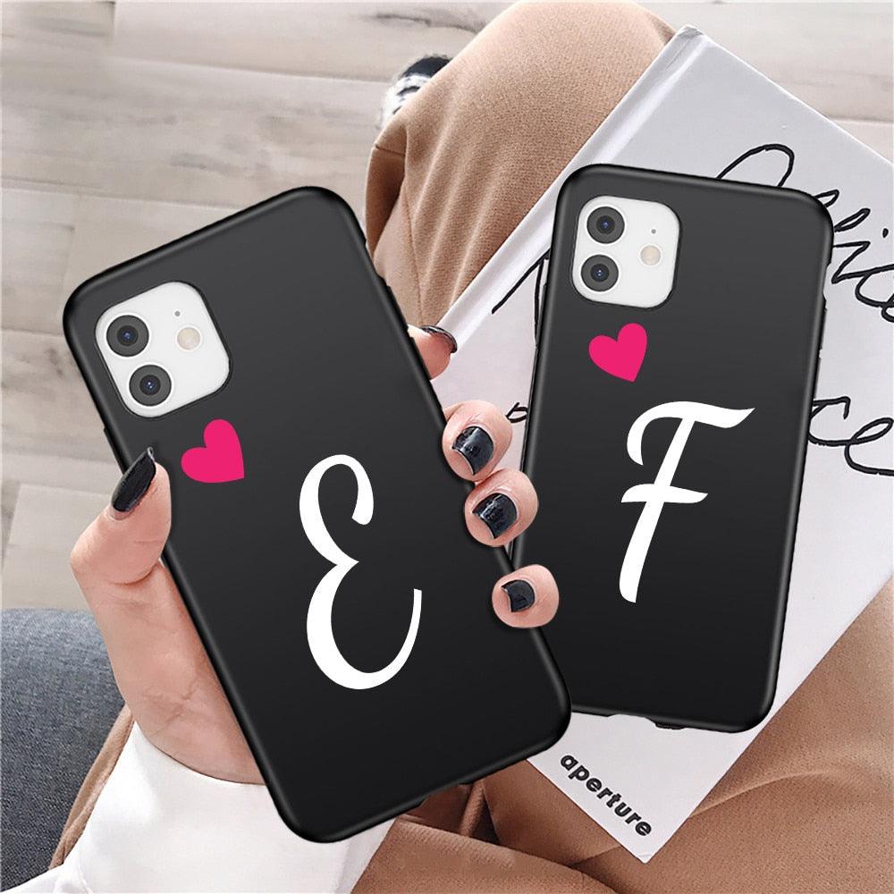 Women Elegant Black Initial Letter A-Z Love Heart Couples Phone Case For iPhone 13 12 Pro Max Mini Luxury Soft Silicone Cover Name Letter Case Stevvex