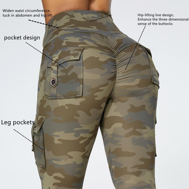 Camouflage Yoga Pants With Pockets Women Fitness Leggings Workout Sports Pocket Women Green Leggings Slim Skinny Gym Leggings Pants Push Up Elastic Slim Pants For Autumn And Winter Stevvex
