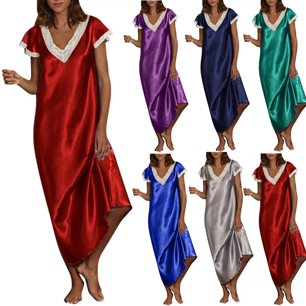 Women Summer Silk Sleepwear Short Sleeve V Neck Homewear Long Dress Nightgowns Sleepwear Sleep Tos Night Dress Underwear