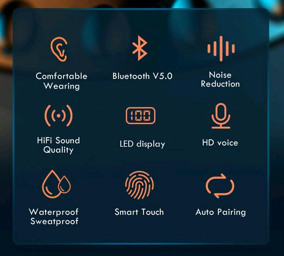 STEVVEX TWS Bluetooth 5.0 Earphones 2200mAh Charging Box Wireless Headphone 9D Stereo Sports Waterproof Earbuds Headsets With Microphone - SJB-DIAMOND ELITES