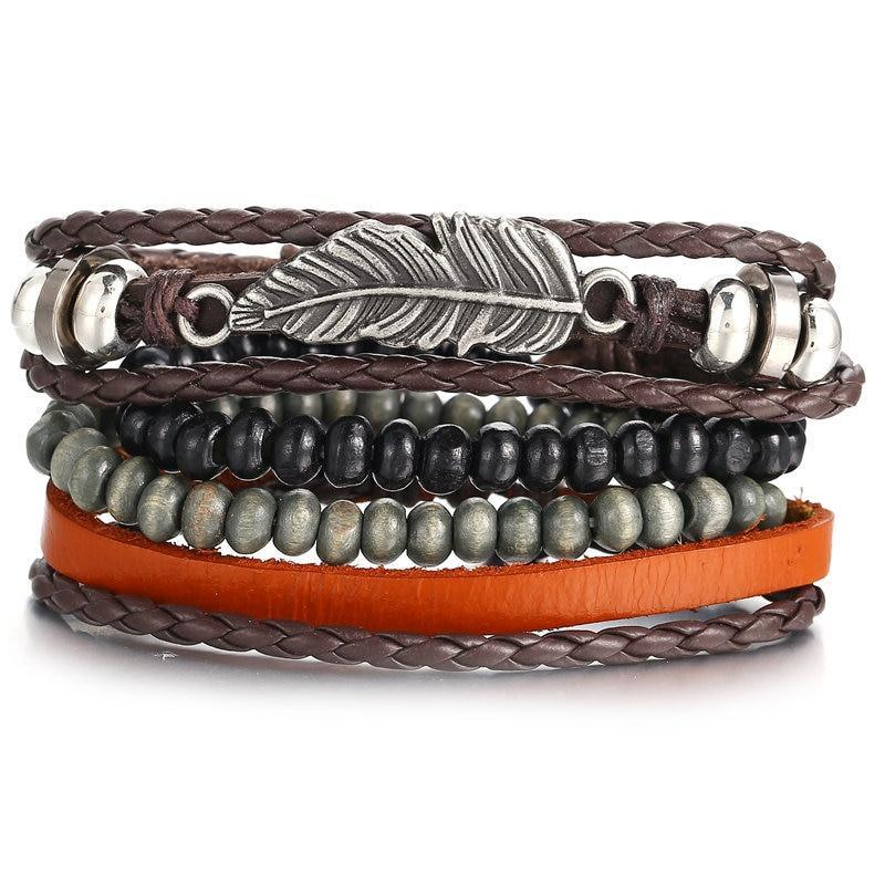 BOHO Tibet Stone Feather Multilayer Leather Bracelet Eye Fish Charms Beads Bracelets For Men Vintage Punk Wrap Wristband Cool Jewelry - SJB-DIAMOND ELITES