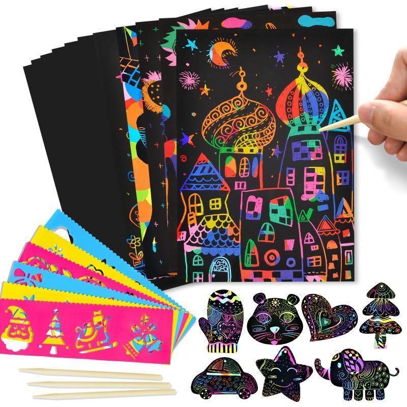 Magic Rainbow Color Scratch Art Paper Card Set With Graffiti Stencil Drawing Board Stick Art Painting Educational Toys - SJB-DIAMOND ELITES