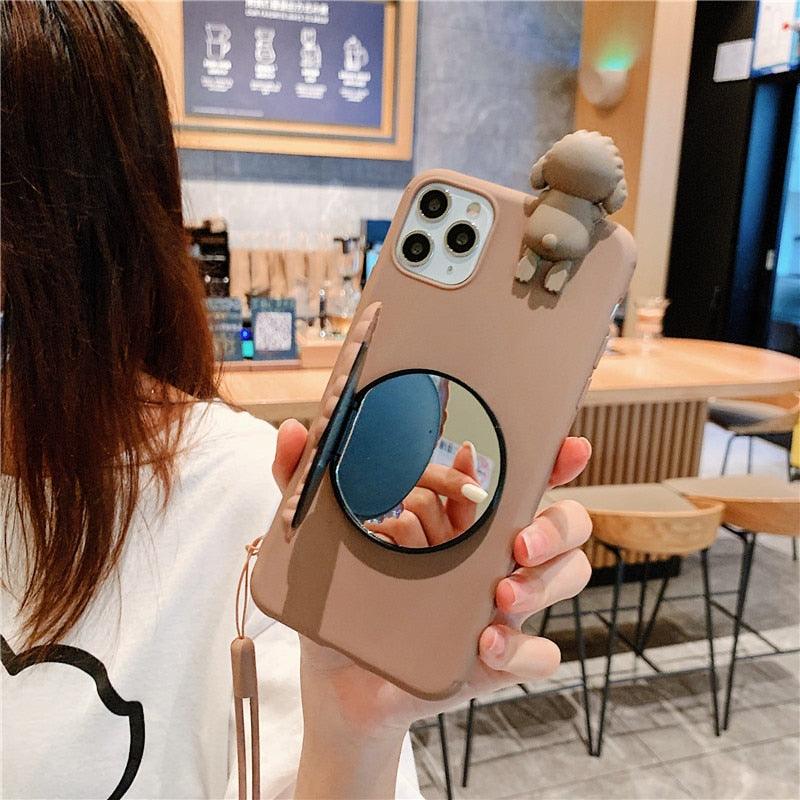 3D Cute Cartoon Dog Mirror Stand Phone Case For Iphone 13 Pro Max 12 11 Xr X Xs Max 5 6 7plus 8 Plus With Lanyard Cover Soft Durable Silicone Drop Protection Cover For Iphone Stevvex