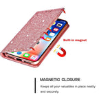Glitter Leather Magnetic Flip Case for IPhone 14 13 11 12 Mini Pro Max Wallet Card Holder Cover Flip Shockproof Leather Wallet Case With Stand Silicone Bumper Cover Stevvex