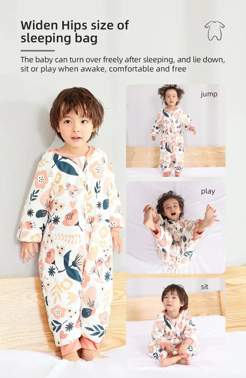 Baby Sleeping Bag Cute Flowers Print Toddler Sleepwear Walk Play Pajamas 2.5Tog Thick Winter Keep Warm Sleepsack 1-4 Years