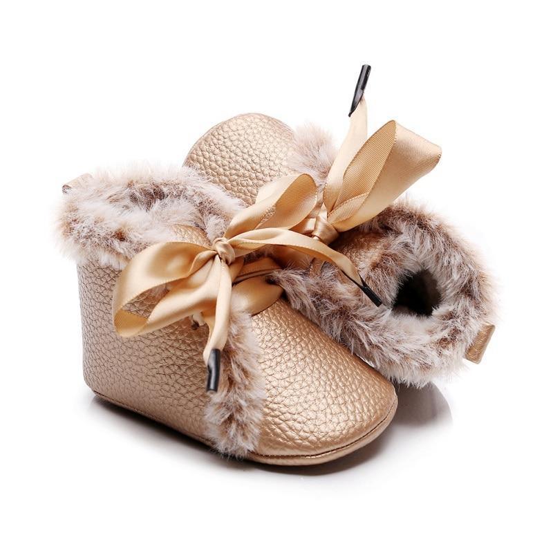 Baby PU Boots Winter Anti-slip Warm First Walkers Soft Soled Booties Toddler Bowknot Lace-up Shoes Stevvex