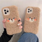 Cute Brown Bear Plush Phone Case For Iphone 14 11 12 13 Pro Max 7 8 X XS Max XR SE2 Autumn And Winter Shockproof Full Case Cover Cute Bear Animal Winter Warm Plush Fabric Phone Case