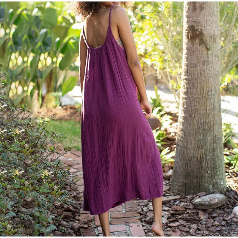 Casual 100% Cotton Summer Women's Long Dress Loose Solid Sleeveless Backless Streetwear Elegant  Female Dress Vestidos Robe Lootquake LLC