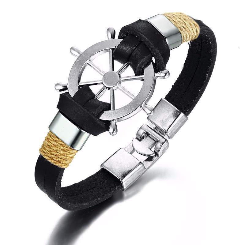 Handmade Sailor Anchor Ship Bracelet In Vintage Retro Rudder Charm Bracelet for Men Made from leather and Stainless Steel for Man - SJB-DIAMOND ELITES