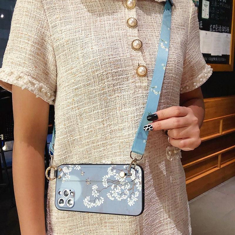 Ultra Luxury Case Cute Flower Design with Ring Kickstand Soft Crossbody Phone Cover for iPhone 13 14 Pro Max Case Fashion Crossbody Shoulder Strap Flower Leaf Phone Holder Cover for iPhone 12 11 X XR XS 7 8 Plus Stevvex