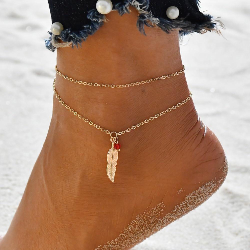 Gold Metal Shell Coconut Tree Female Anklets Barefoot Sandals Foot Summer Double Layers  Foot  Bracelets Leg Jewelry - SJB-DIAMOND ELITES
