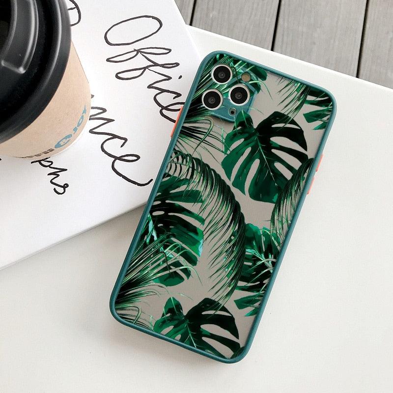 Green Leaves Plant Flower Phone Case for iphone 11 12 13 14 Pro Max Hard Back Shockproof Cover Floral Tropical Design with Slim Glossy Green Palm Leaves Pattern Case Stevvex