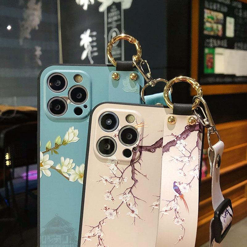Ultra Luxury Case Cute Flower Design with Ring Kickstand Soft Crossbody Phone Cover for iPhone 13 14 Pro Max Case Fashion Crossbody Shoulder Strap Flower Leaf Phone Holder Cover for iPhone 12 11 X XR XS 7 8 Plus Stevvex