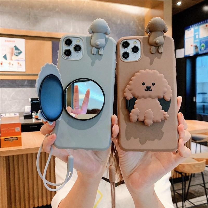 3D Cute Cartoon Dog Mirror Stand Phone Case For Iphone 13 Pro Max 12 11 Xr X Xs Max 5 6 7plus 8 Plus With Lanyard Cover Soft Durable Silicone Drop Protection Cover For Iphone Stevvex