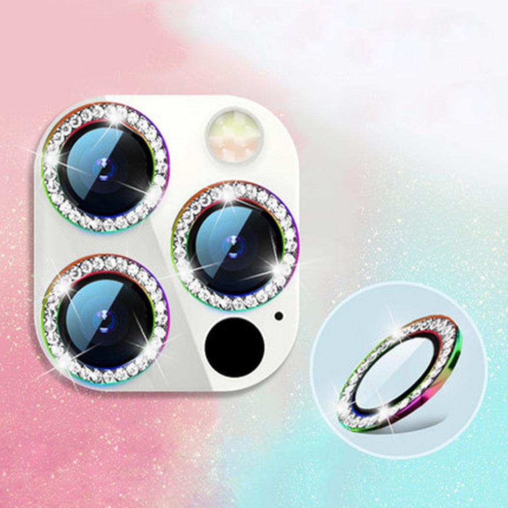 2023 New Diamond Bling Metal Ring Glass Protective Cap For iPhone 14 13 12 11 Pro Max Mini Camera Lens Circle Protector Paste Tempered Glass Camera Cover Camera Lens Protector Stevvex