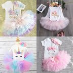 Luxury Modern Baby Girl First 1st Birthday Party Dress Cute Pink Tutu Cake Outfits For Birthday Party with Big Bow And Unicorn Design