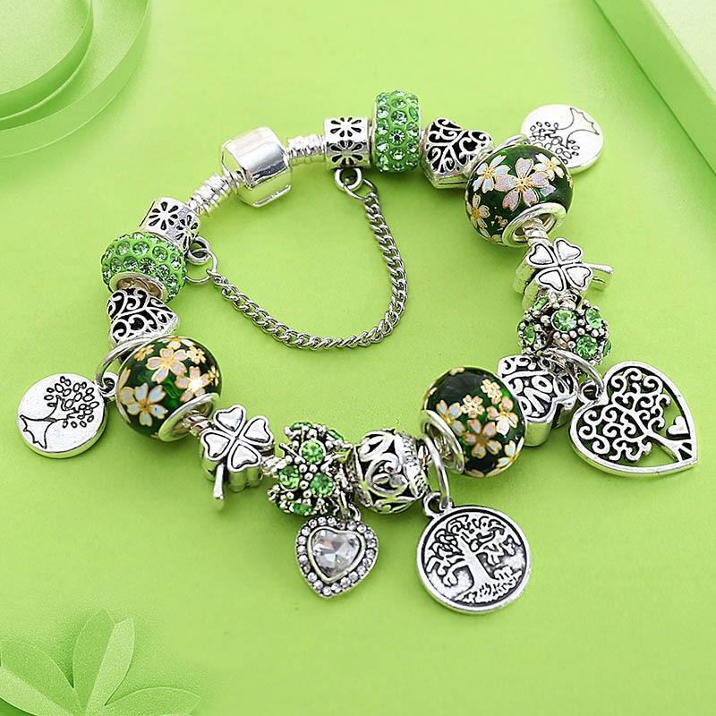 Elegant Modern Amazing Fashion New Luxury Silver Tree of Life Fashion Bracelet Green Leaf Crystal Charm Bracelet - SJB-DIAMOND ELITES