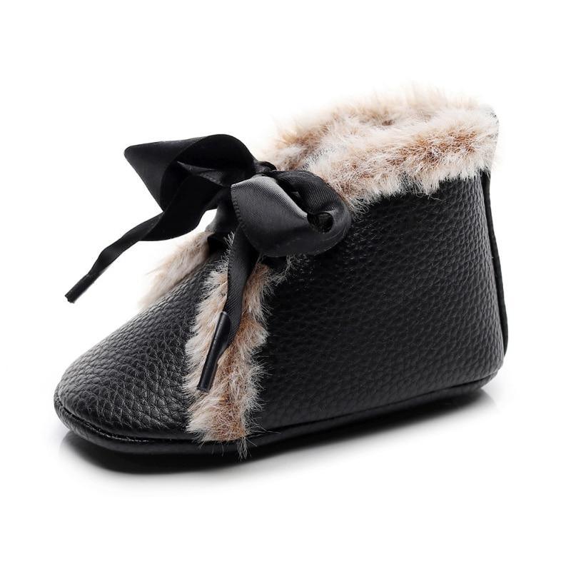 Baby PU Boots Winter Anti-slip Warm First Walkers Soft Soled Booties Toddler Bowknot Lace-up Shoes Stevvex