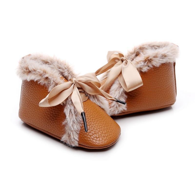 Baby PU Boots Winter Anti-slip Warm First Walkers Soft Soled Booties Toddler Bowknot Lace-up Shoes Stevvex