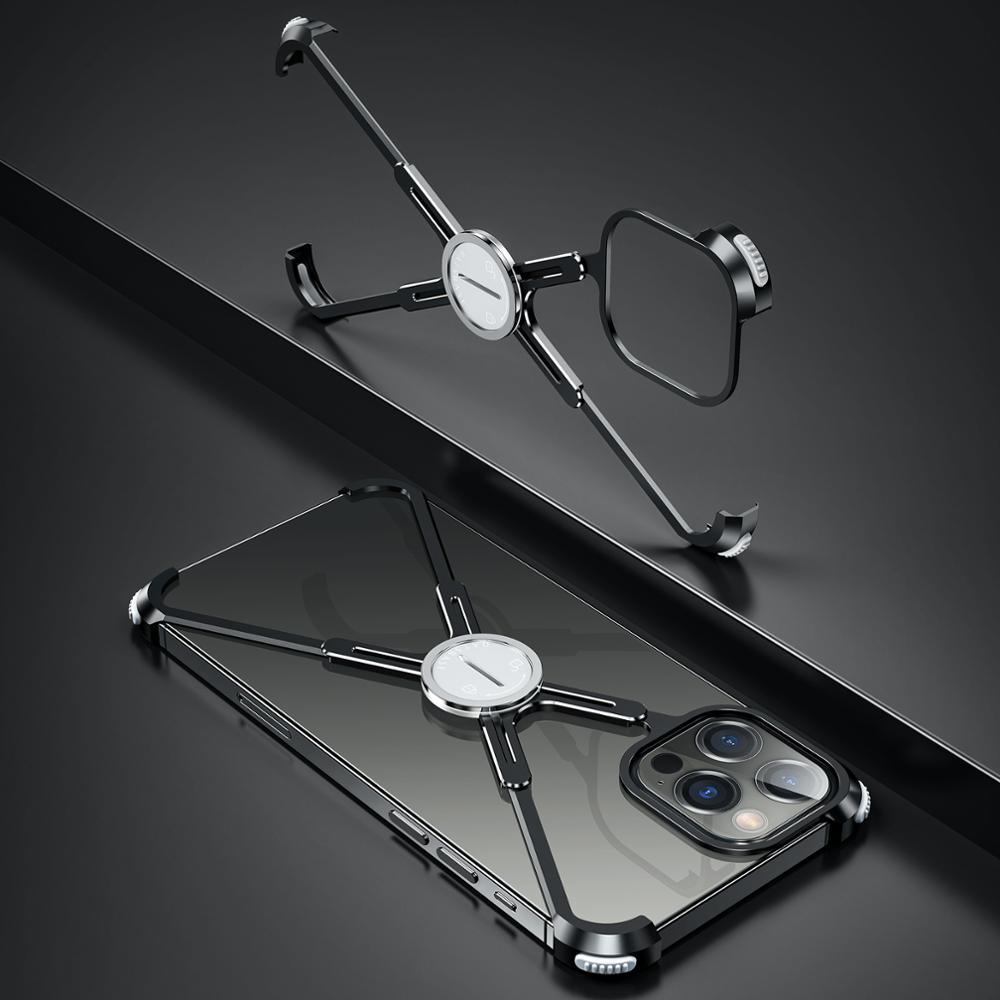 Luxury Phone Case For iPhone 12 Pro Metal Frame Shape Shockproof Cover Bumper Back Cool Case Aluminum Metal X-Frame Support Bumpers Compatible iPhone Stevvex