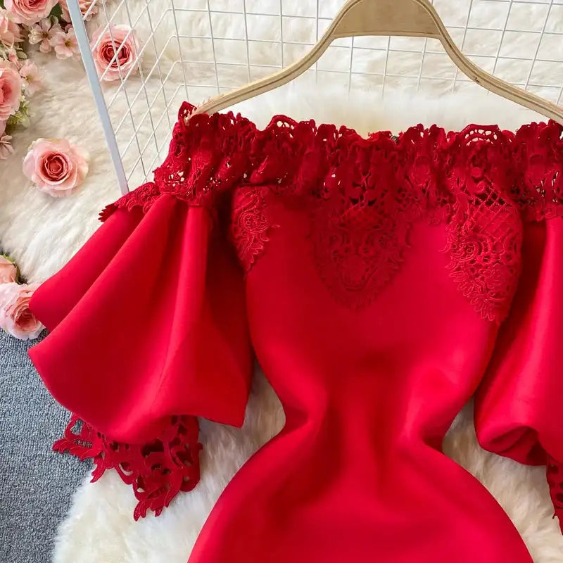 Sexy Hollow Out Lace Bodycon Long Dress Women Elegant Red/Pink/White Off Shoulder Patchwork Maxi Party Vestidos 2021 Autumn New