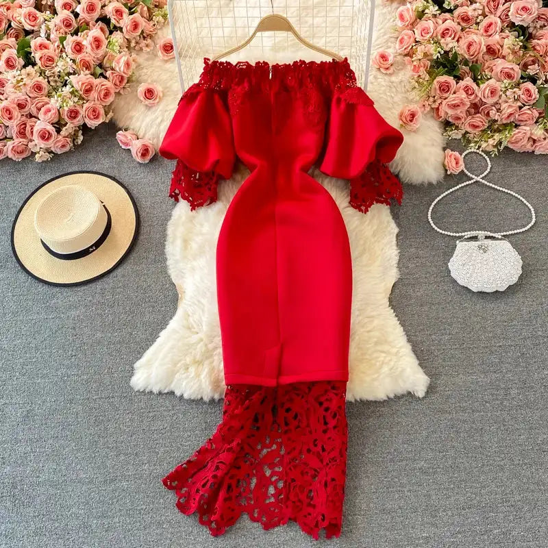 Sexy Hollow Out Lace Bodycon Long Dress Women Elegant Red/Pink/White Off Shoulder Patchwork Maxi Party Vestidos 2021 Autumn New
