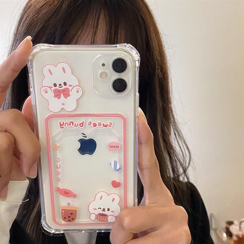 Orange Cute Cartoon Bear Rabbit Clear Phone Case For iPhone 14 Pro Max 13 12 11 X XR XS 7 8 Plus Card Holder Wallet Shockproof Cover Cartoon Soft iPhone Case Stevvex